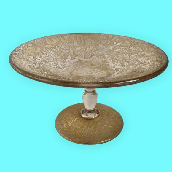 Vintage Ornate Gold Filigree Footed Dish with Crystal Stem on Gold Filigree Base - Picture 7 of 11